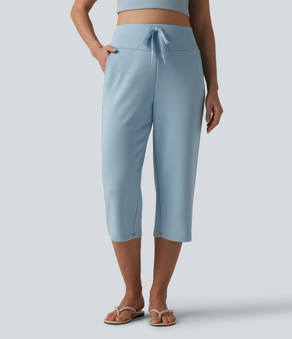 Pantalon Capri décontracté à taille haute, coupe droite, cordon de serrage et poches