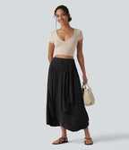 Jupe midi fluide casual gainante côtelée taille haute à nœuds latéraux et ourlet asymétrique avec poches