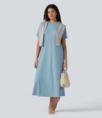 Robe midi décontractée à col rond, manches courtes et poches