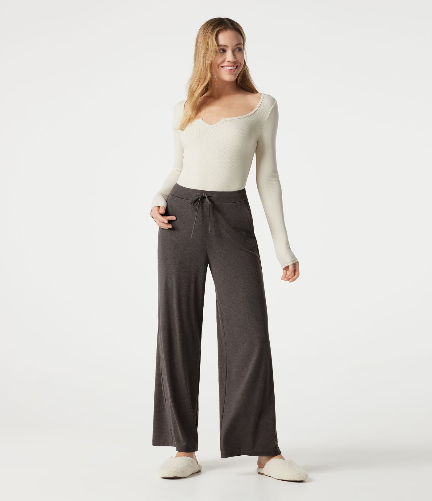 Pantalon de détente large taille mi-haute avec cordon de serrage et poches