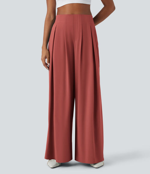Breezeful™ Pantalon Large Fluide Taille Haute Plis Poches Latérales et Taille Élastique Séchage Rapide