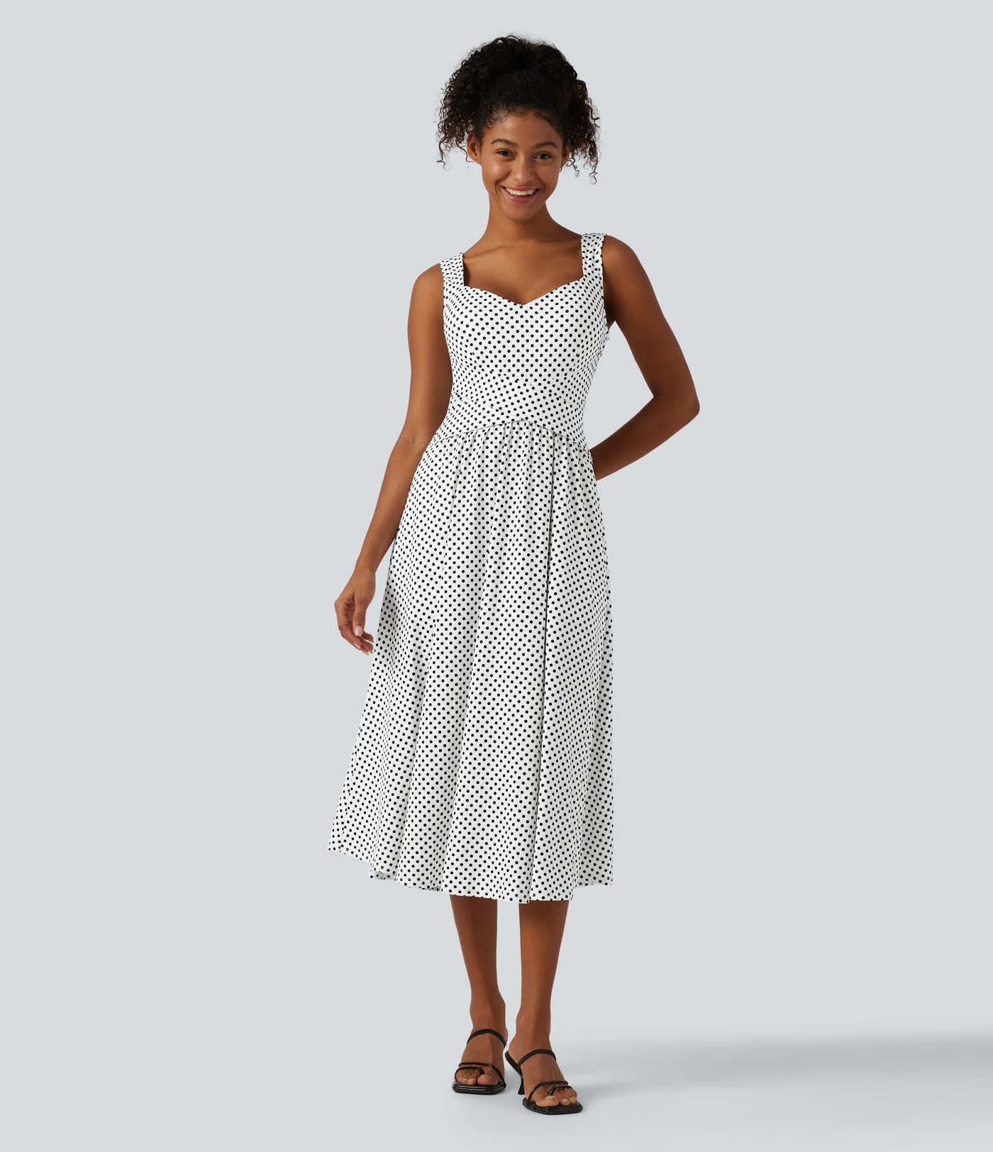Robe midi casual fluide à pois sans manches dos nu avec brassière intégrée croisée et poches - Bonnets DD-F