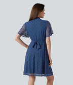 Robe décontractée col cheminée à pois en mesh avec manches à volants, ceinture et poches