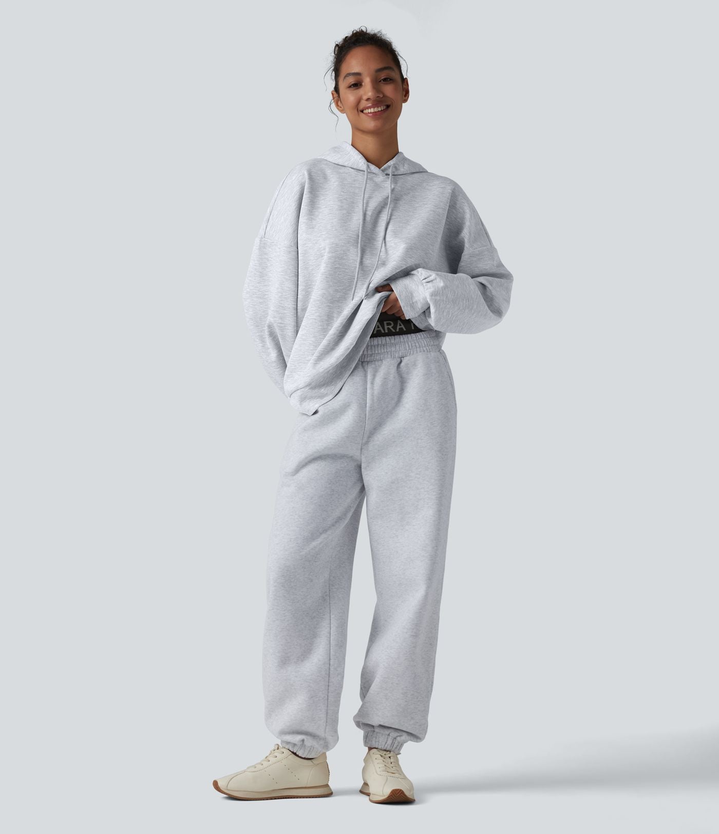 Jogging molleton taille haute repliable avec cordon de serrage et poches