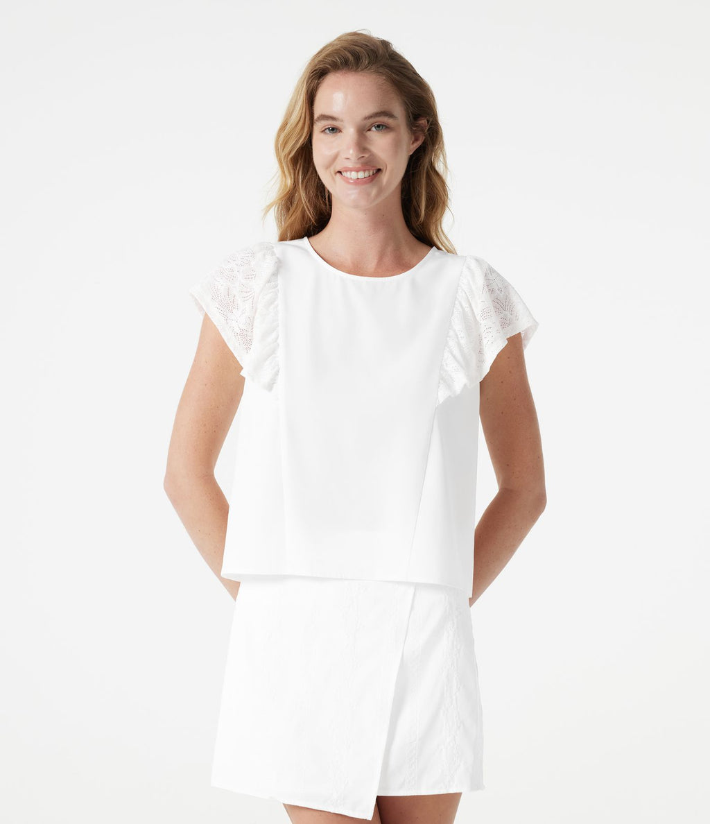 Blouse casual col rond avec découpe goutte d'eau au dos, dentelle contrastée et manches à volants