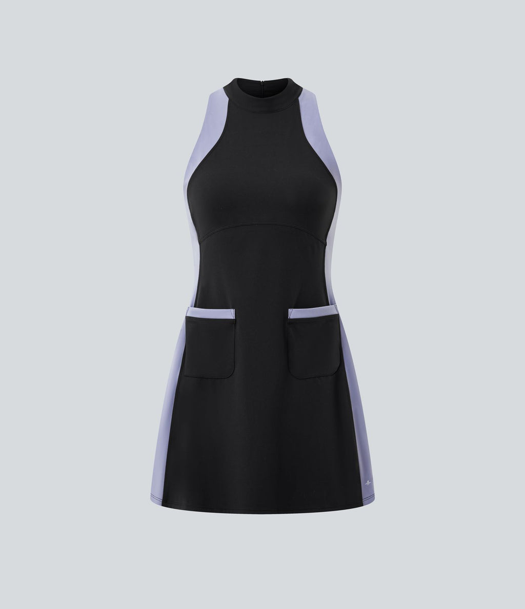 Halara UltraSculpt™ Robe mini de golf sans manches col cheminée color block avec poches