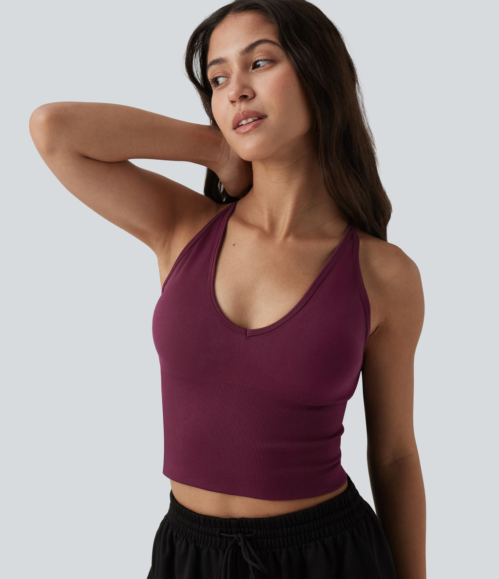 OneForm Seamless Flow Débardeur de yoga crop dos nu croisé décolleté en V profond avec soutien-gorge intégré