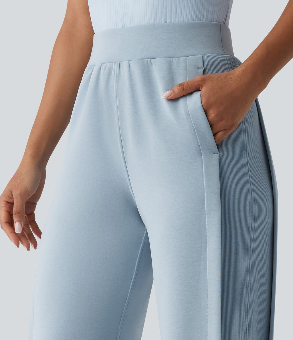 SpacerTek™ Pantalon large fluide décontracté taille haute avec cordon de serrage intérieur, côtes contrastées, fentes et poches