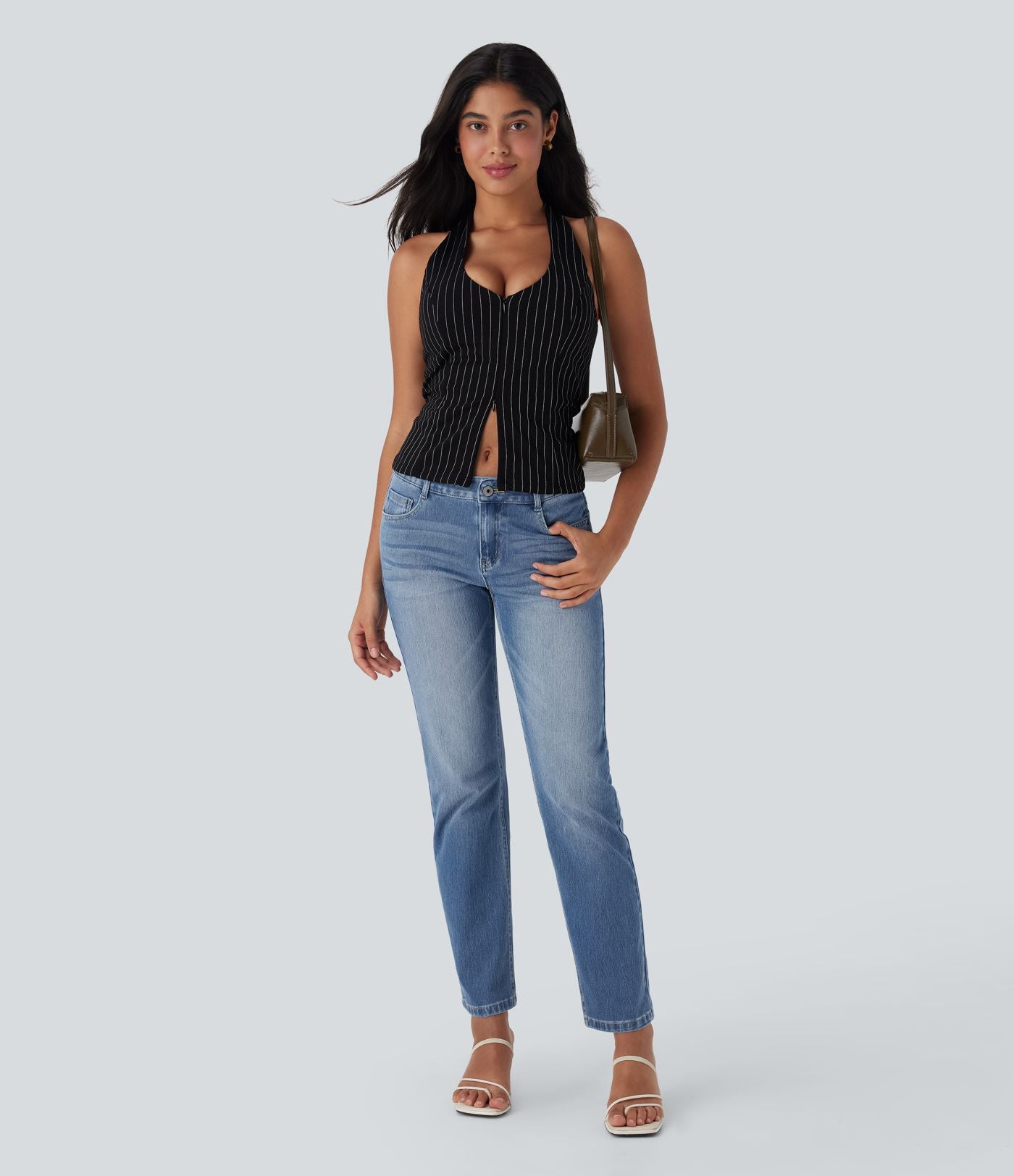 Jean décontracté Halara Flex™ taille basse à jambes droites avec bouton, fermeture éclair, multiples poches, effet délavé en maille extensible
