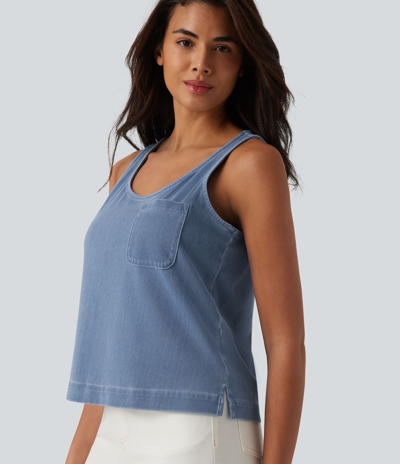 Débardeur décontracté en denim à col rond Halara Flex™ avec poche