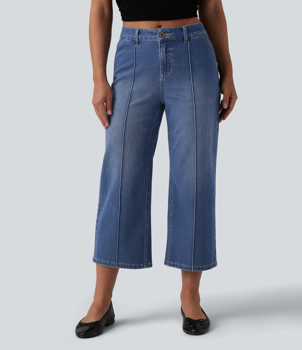 Jean Halara Flex™ décontracté délavé taille mi-haute coupe droite raccoucie avec poches