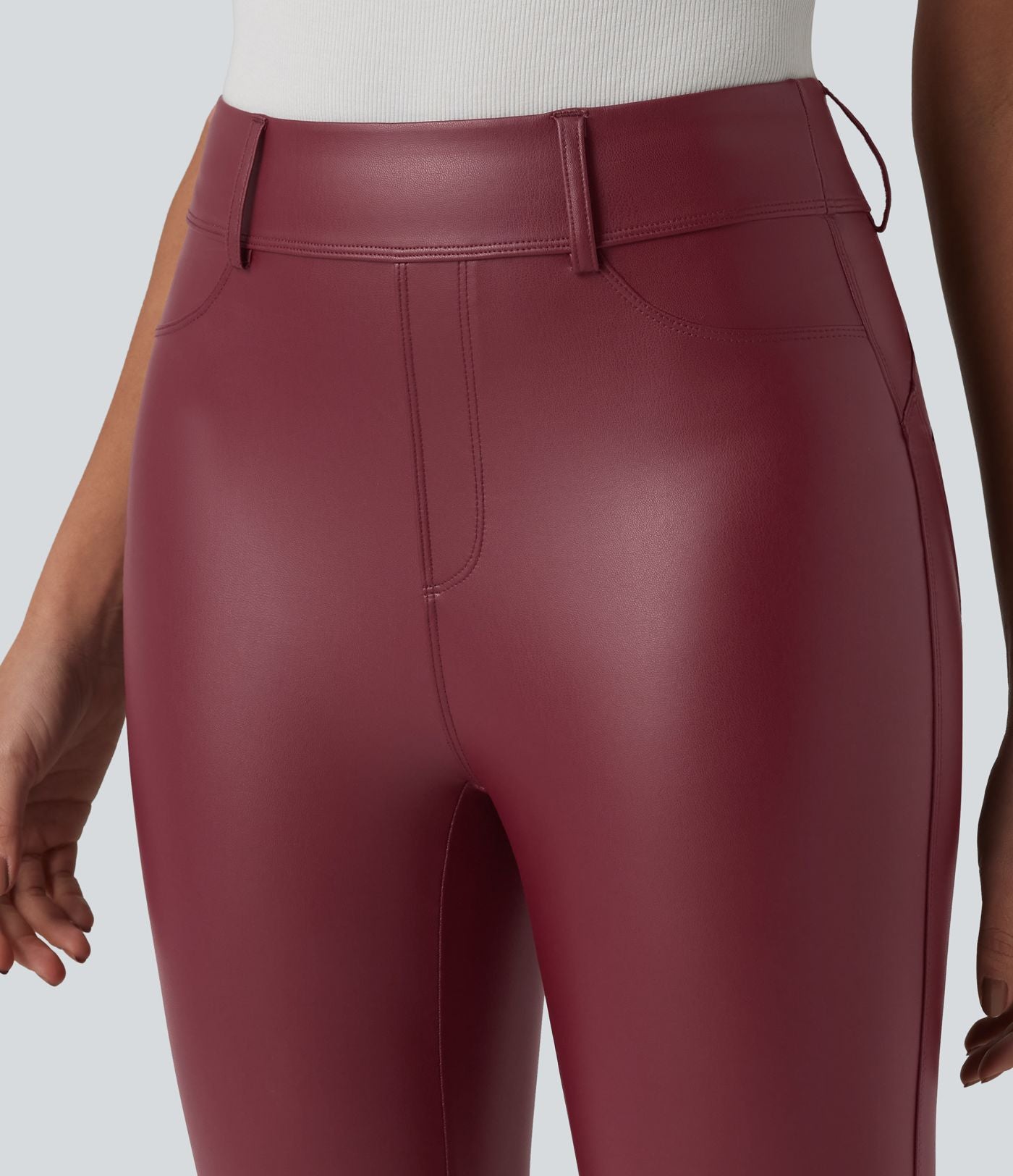 Legging 7/8 casual taille haute extensible en simili cuir avec poches
