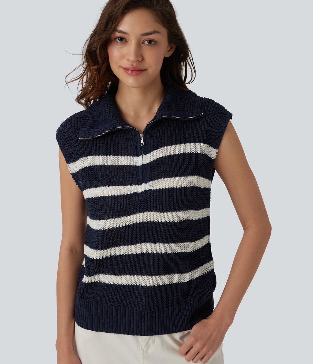 Pull décontracté sans manches demi-zip à rayures