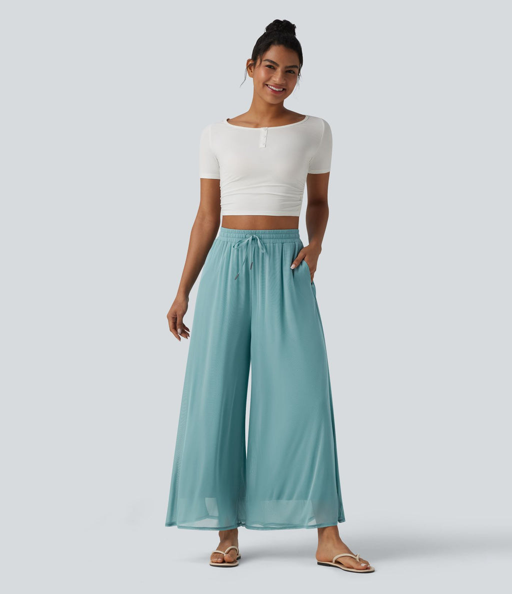 Pantalon large fluide décontracté mesh taille haute avec cordon de serrage et poches