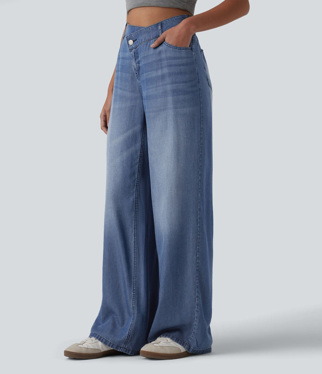 Jean large décontracté asymétrique en lyocell taille mi-haute drapé avec poches