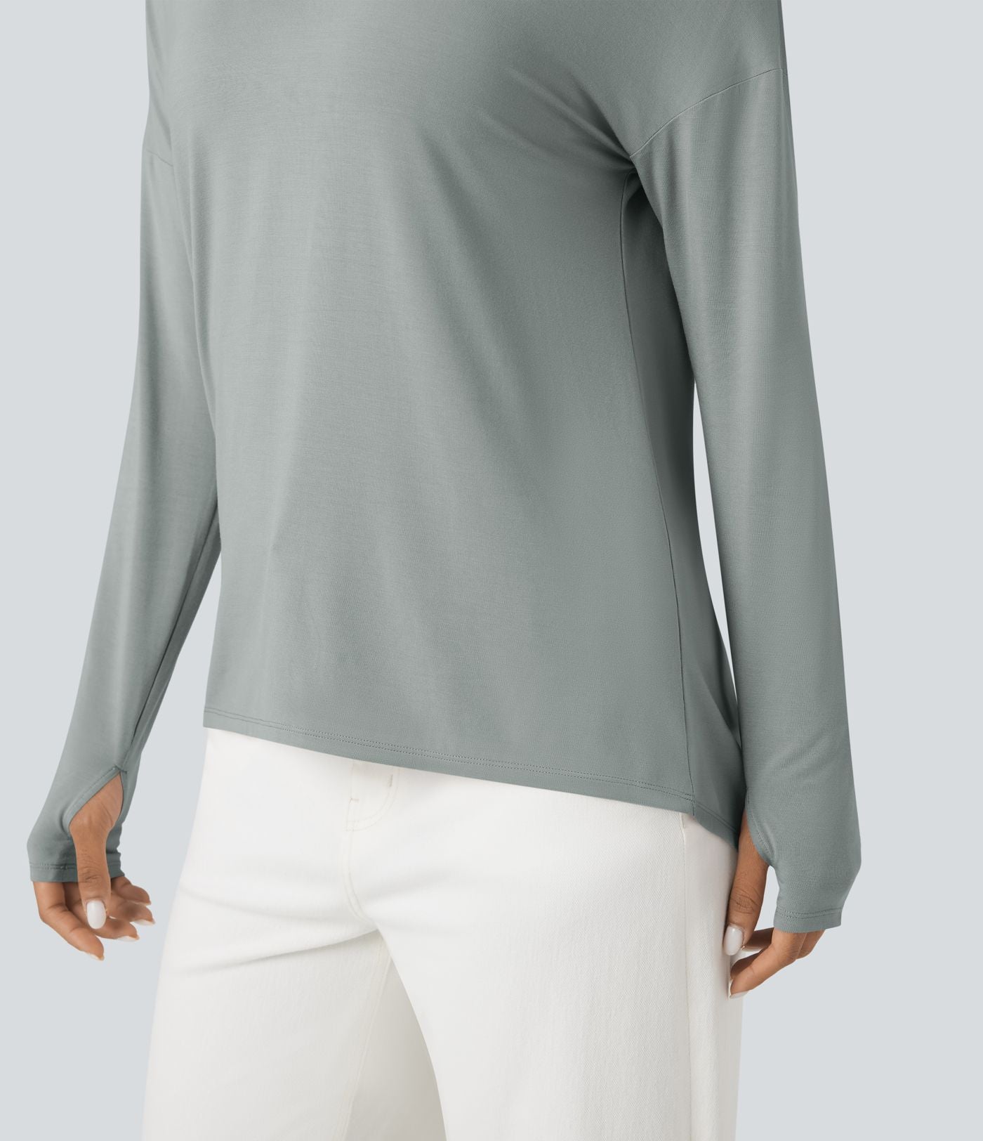 T-shirt décontracté col V profond manches longues à trous pouces coupe décontractée - Réversible devant et dos
