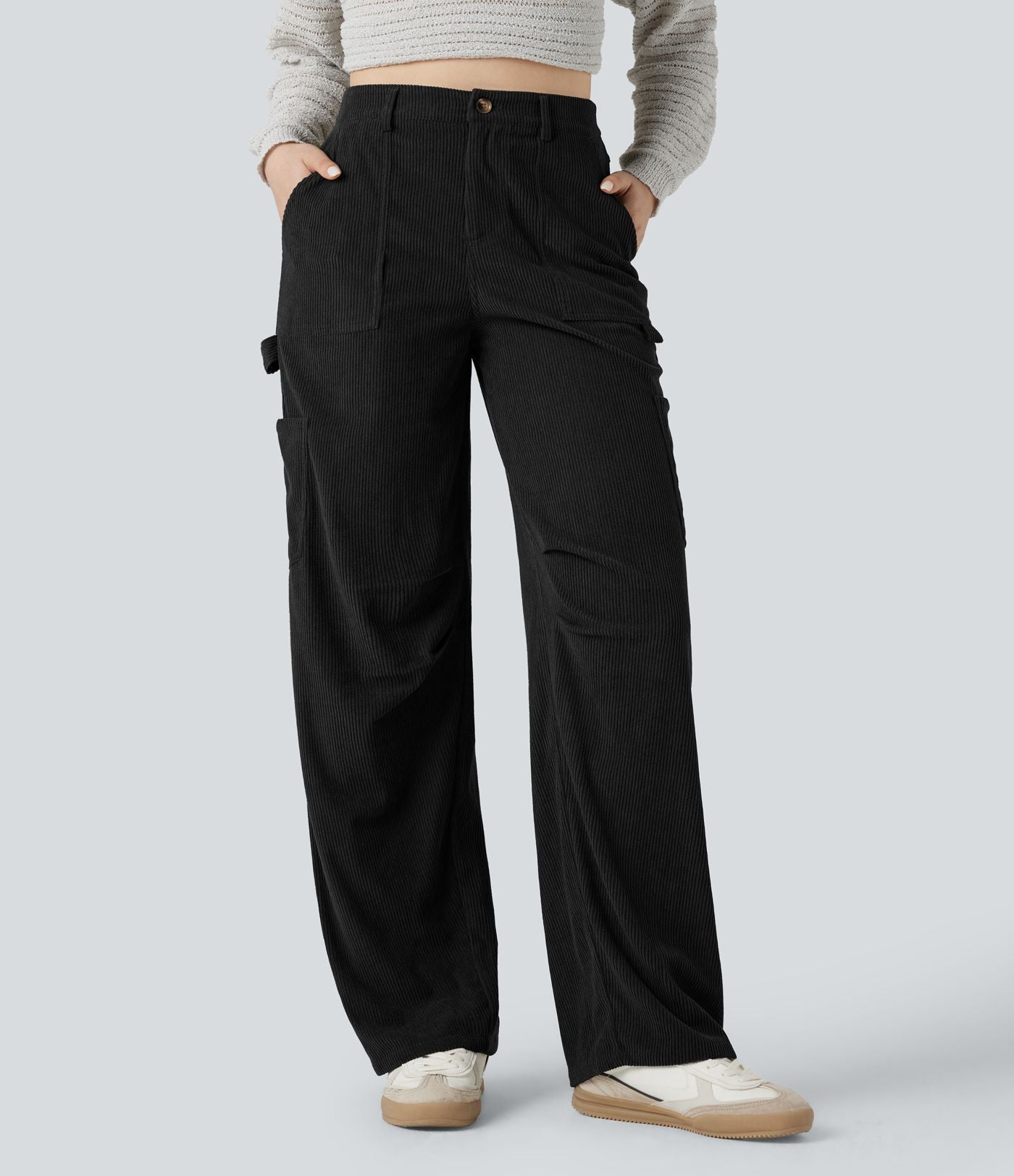 Pantalon décontracté droit en velours côtelé, taille haute, avec poches