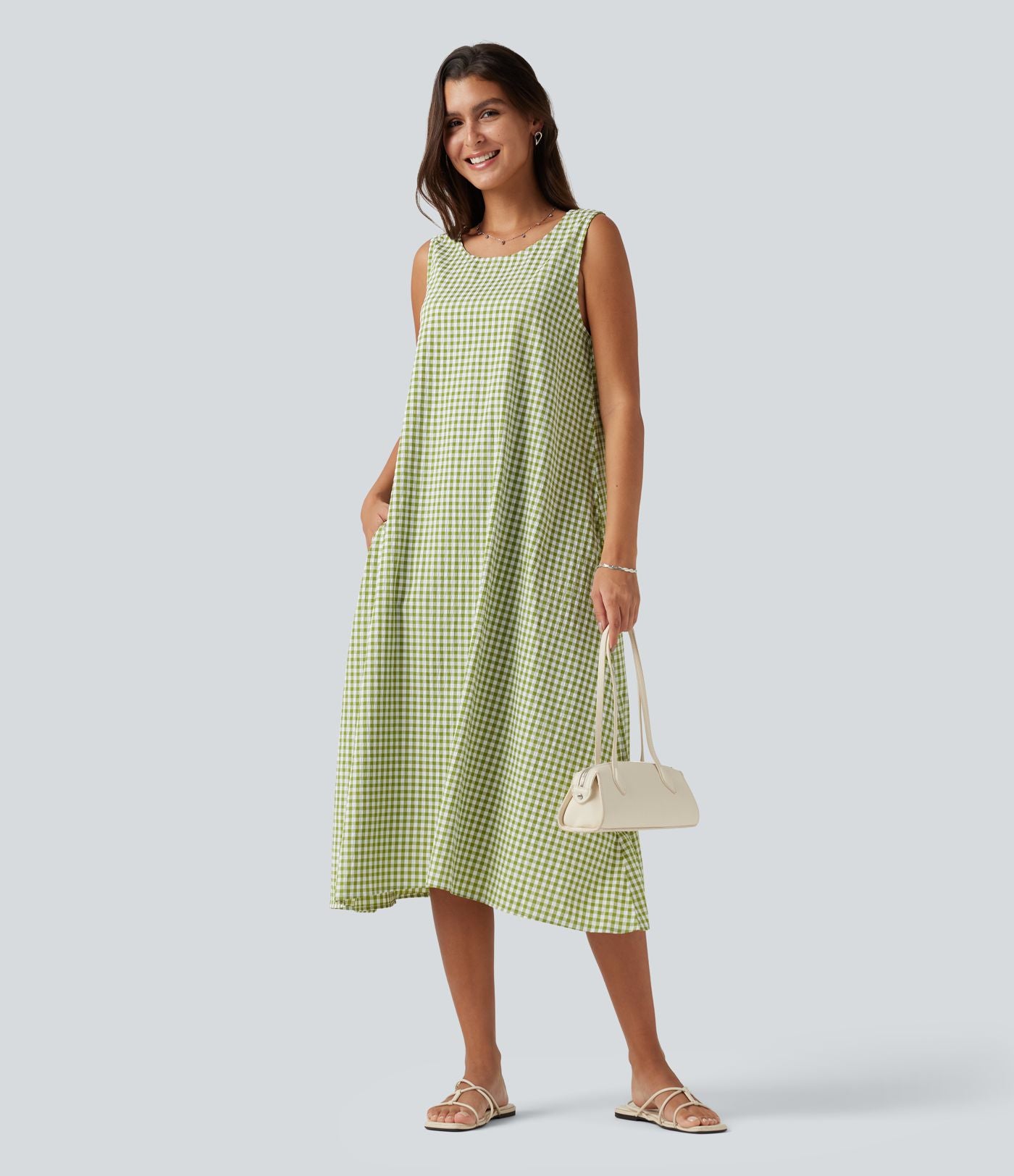 Robe débardeur midi décontractée en vichy froissé, col rond, sans manches, à poches