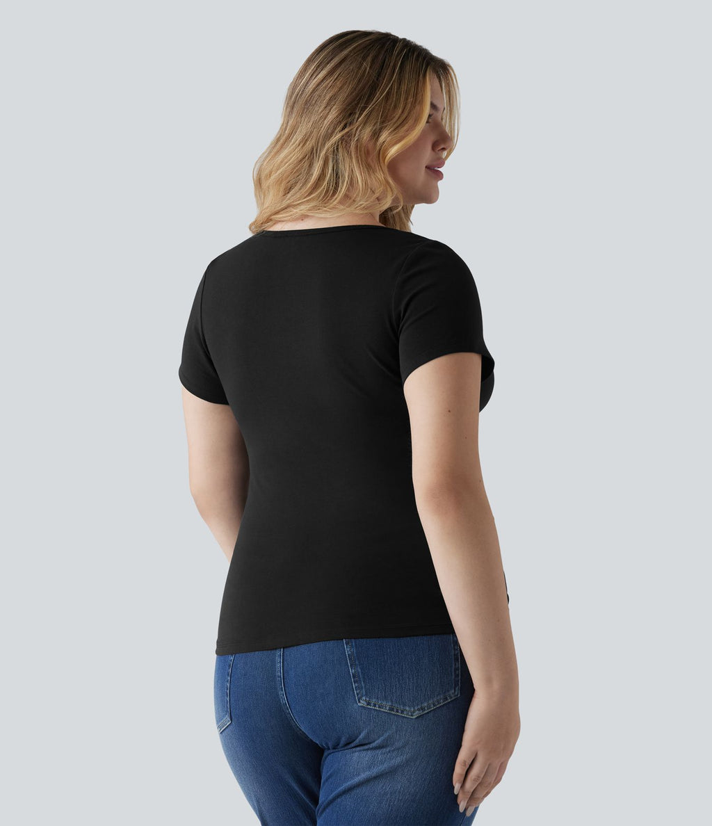 T-shirt Halara grande taille décontracté en jersey de coton coupe ultra-ajustée effet chiné, col carré, manches courtes