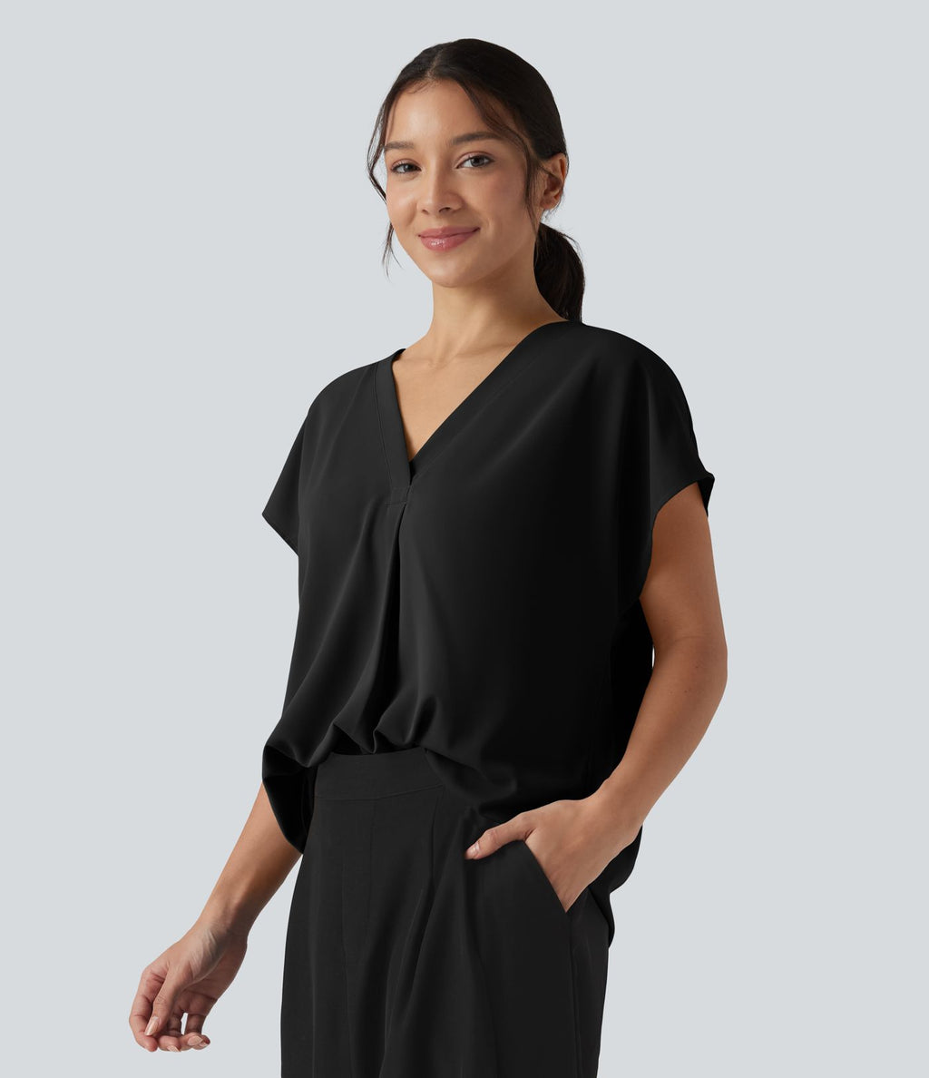 Blouse esprit bureau oversize défroissage facile, col V et manches courtes