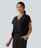 Blouse esprit bureau oversize défroissage facile, col V et manches courtes