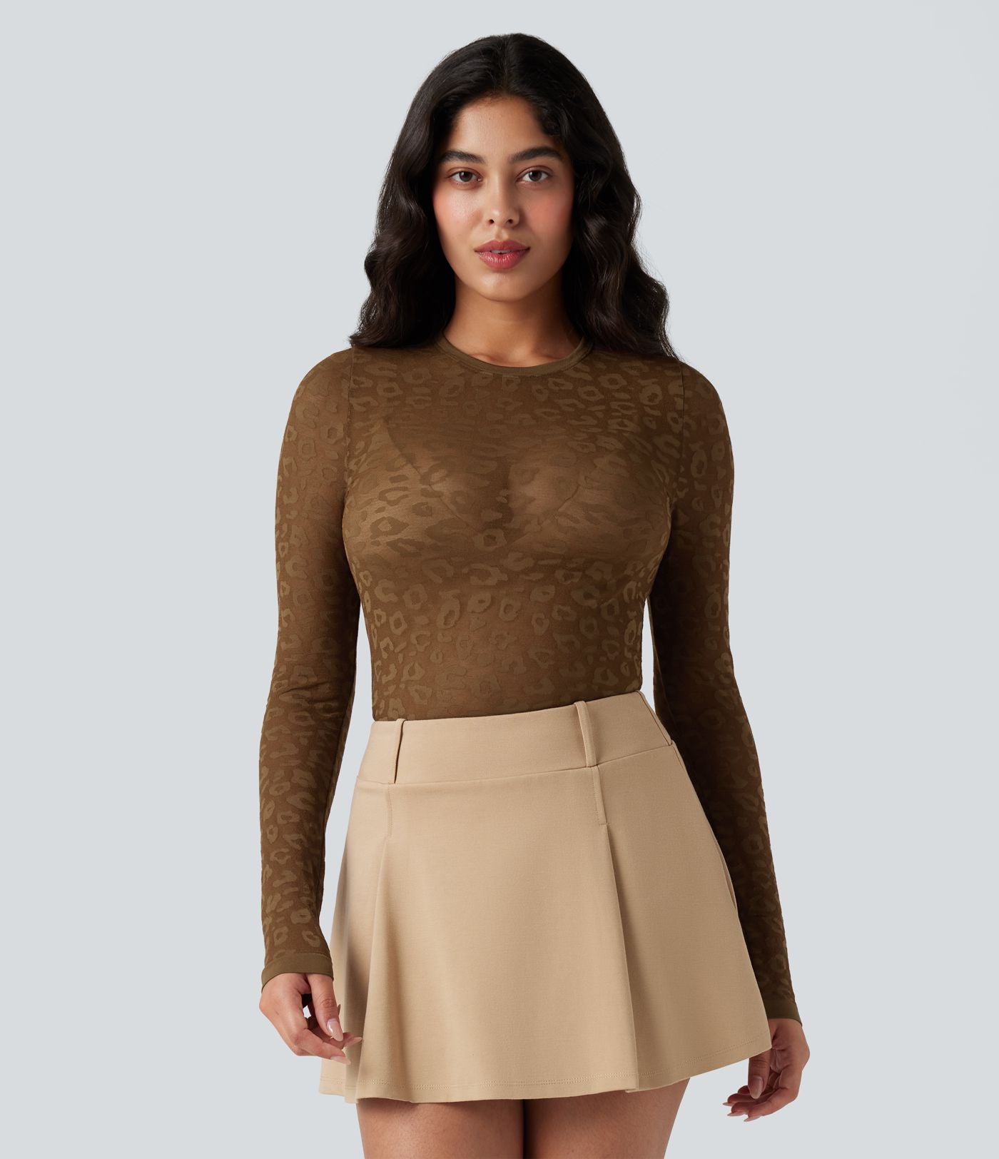 Haut de sport col rond imprimé léopard transparent à manches longues sans couture OneForm Seamless Flow