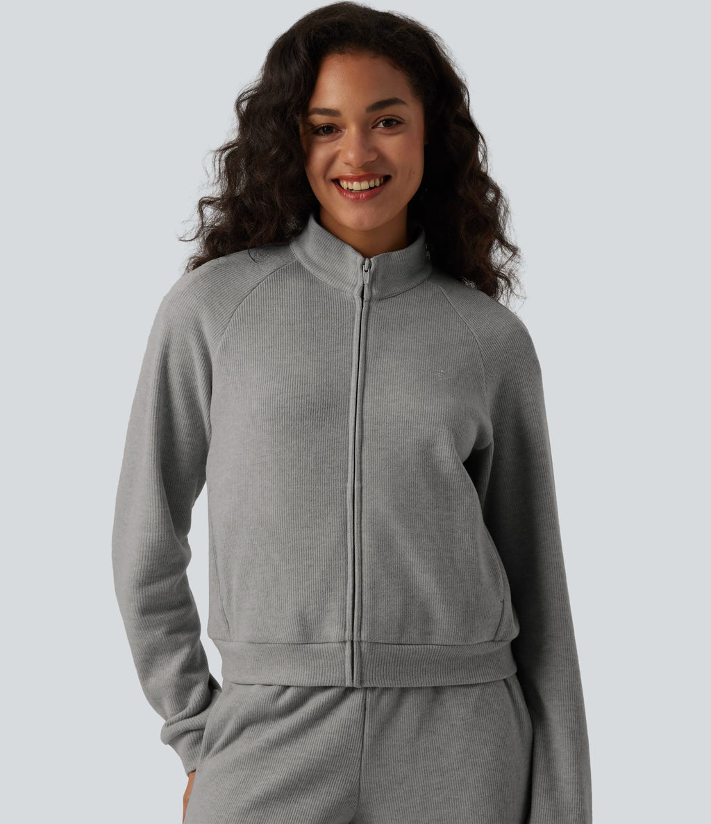Veste casual côtelée à col montant, manches longues et fermeture zippée avec poches