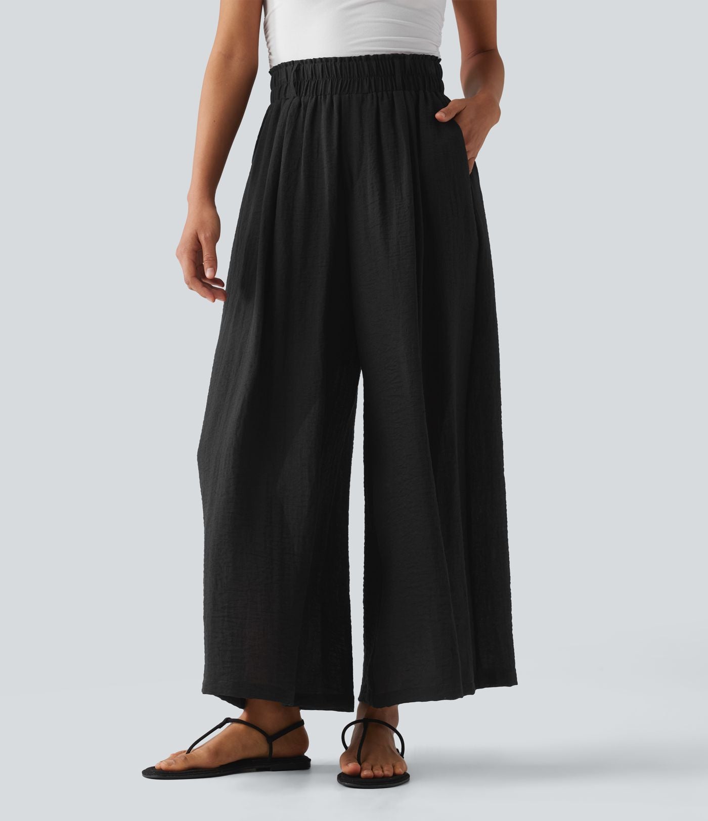 Pantalon fluide ample décontracté taille haute avec poches