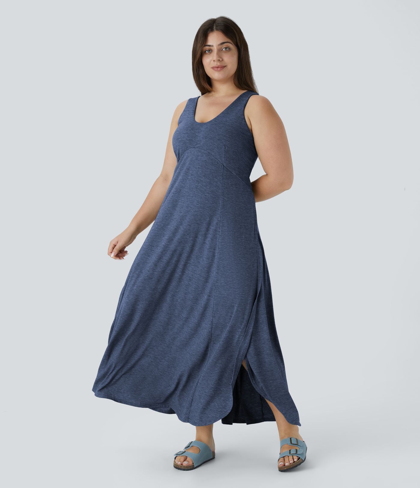 Robe Maxi Casual Grande Taille à Col U Sans Dos Fendue et Fluide