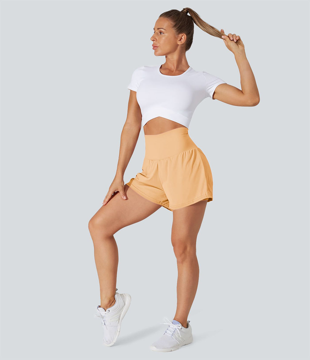 Short 7,5cm Yoga 2 en 1 Super Taille Haute Poches Arrière Poches Cachées Latérales