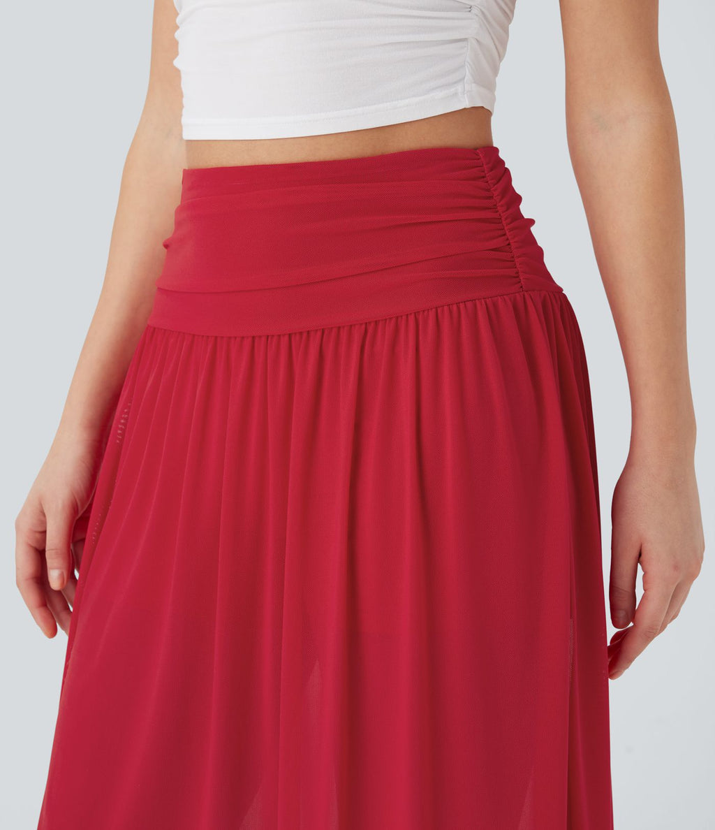 Jupe casual midi fluide 2-en-1 taille haute froncée maille contrastante avec poches latérales