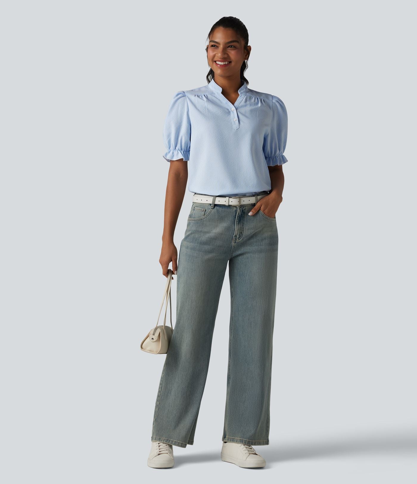Chemise casual à rayures manches courtes bouffantes