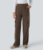 Pantalon cargo décontracté droit en velours côtelé, taille mi-haute, avec poches