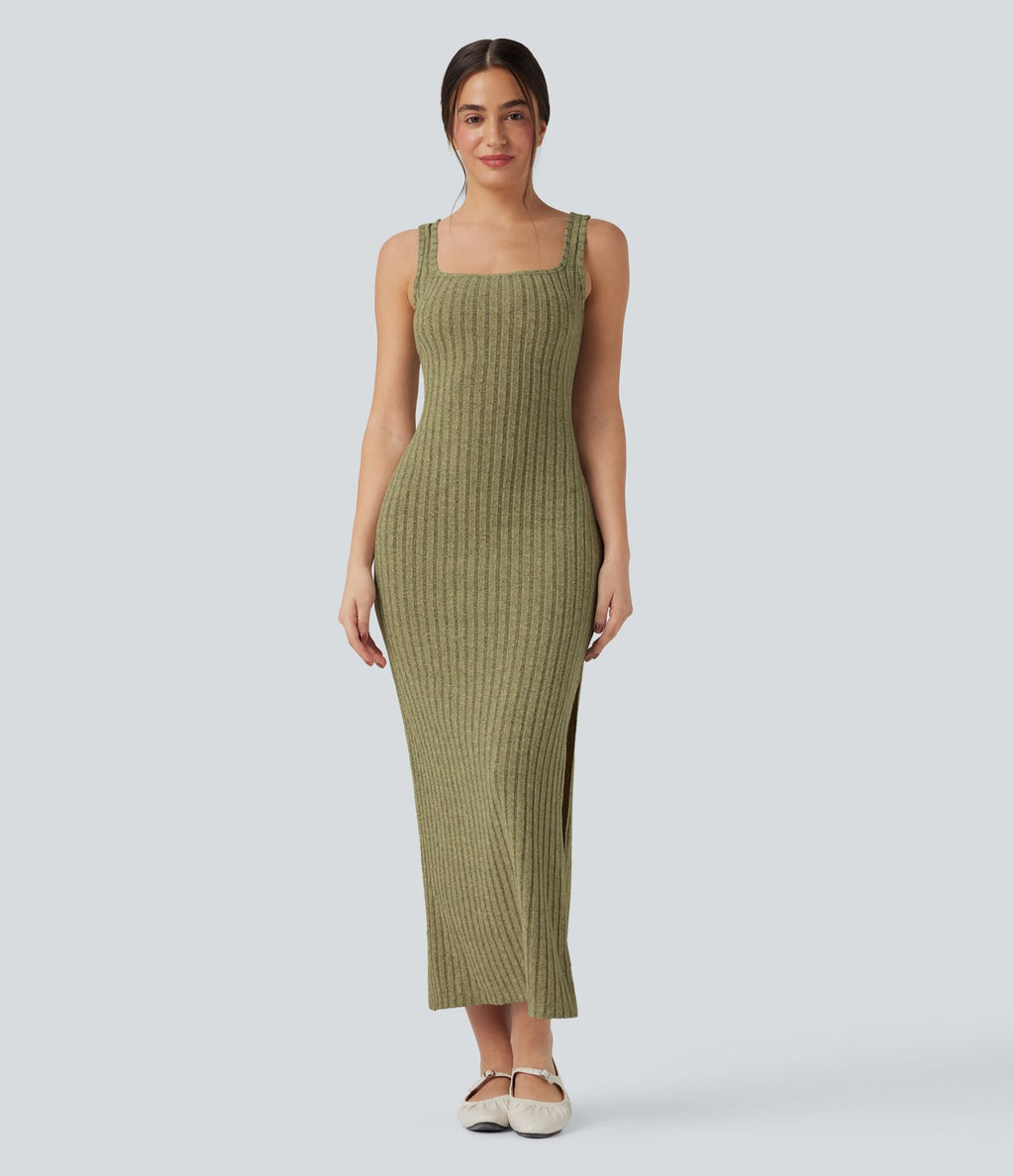Robe longue moulante décontractée maille côtelée col carré sans manches dos torsadé avec fente