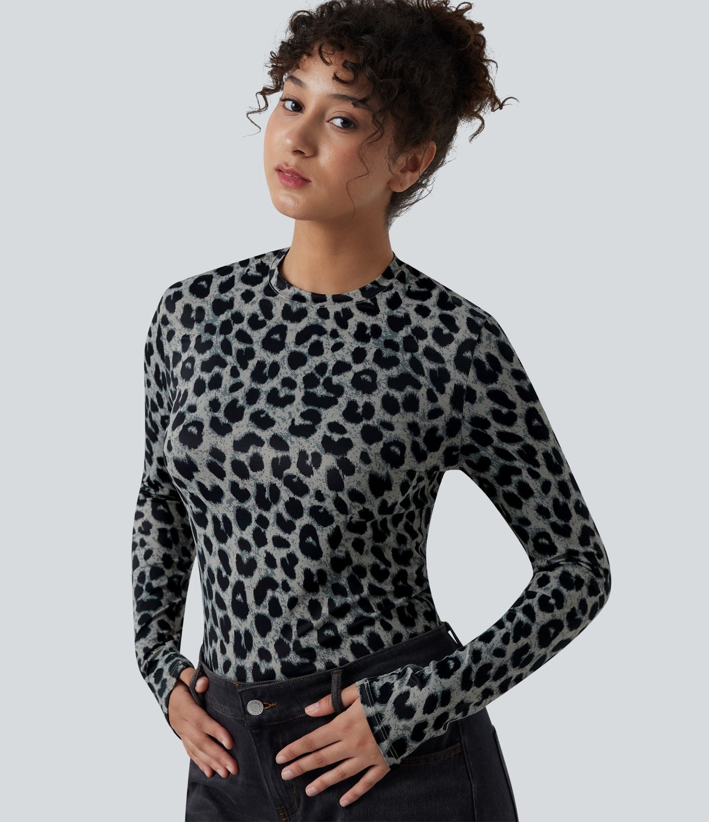 Top casual ajusté col rond manches longues imprimé léopard