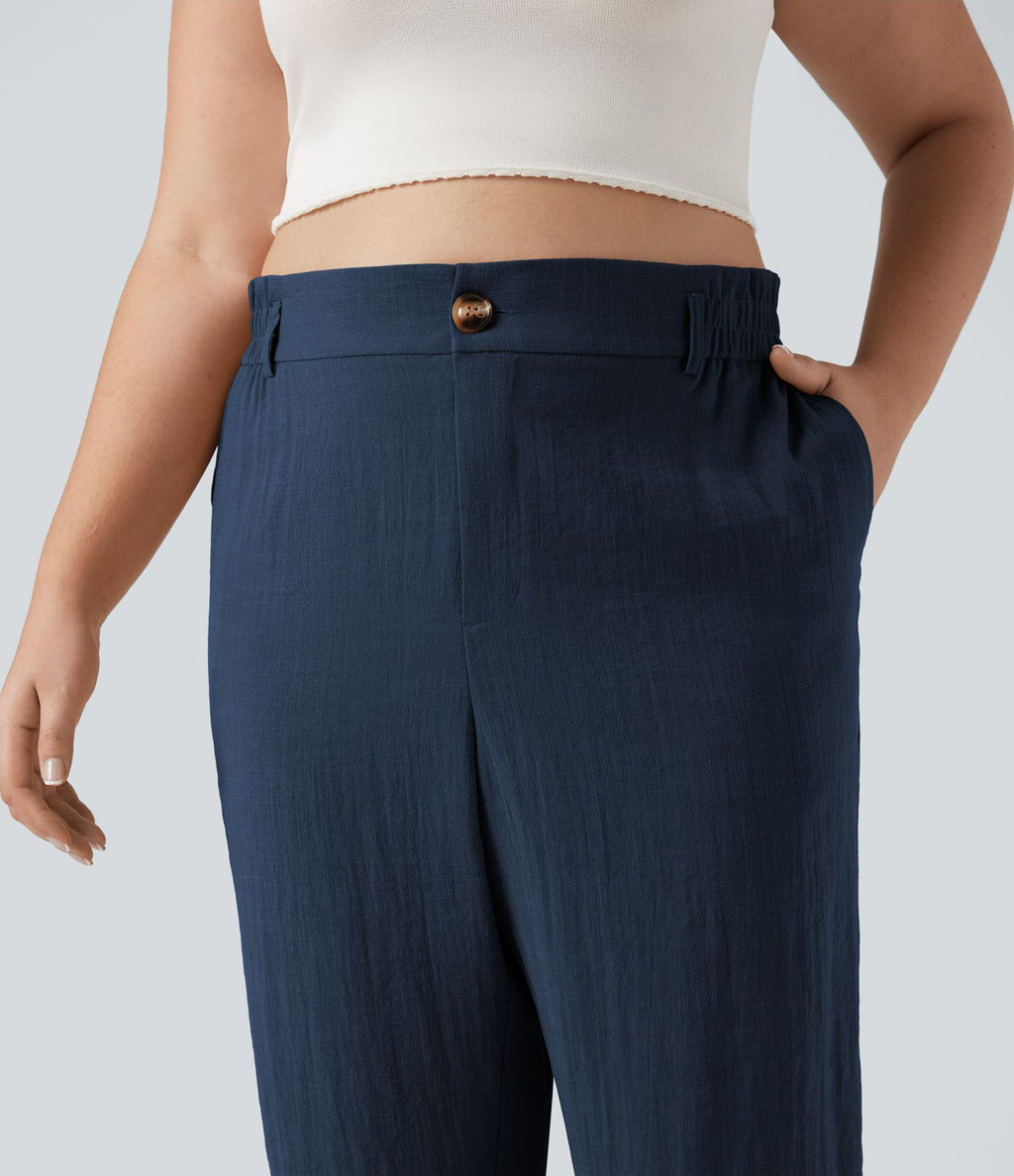 Pantalon de villégiature capri effet lin, grande taille, taille haute, avec poches