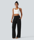 Pantalon de yoga large froncé chiné taille haute avec poches