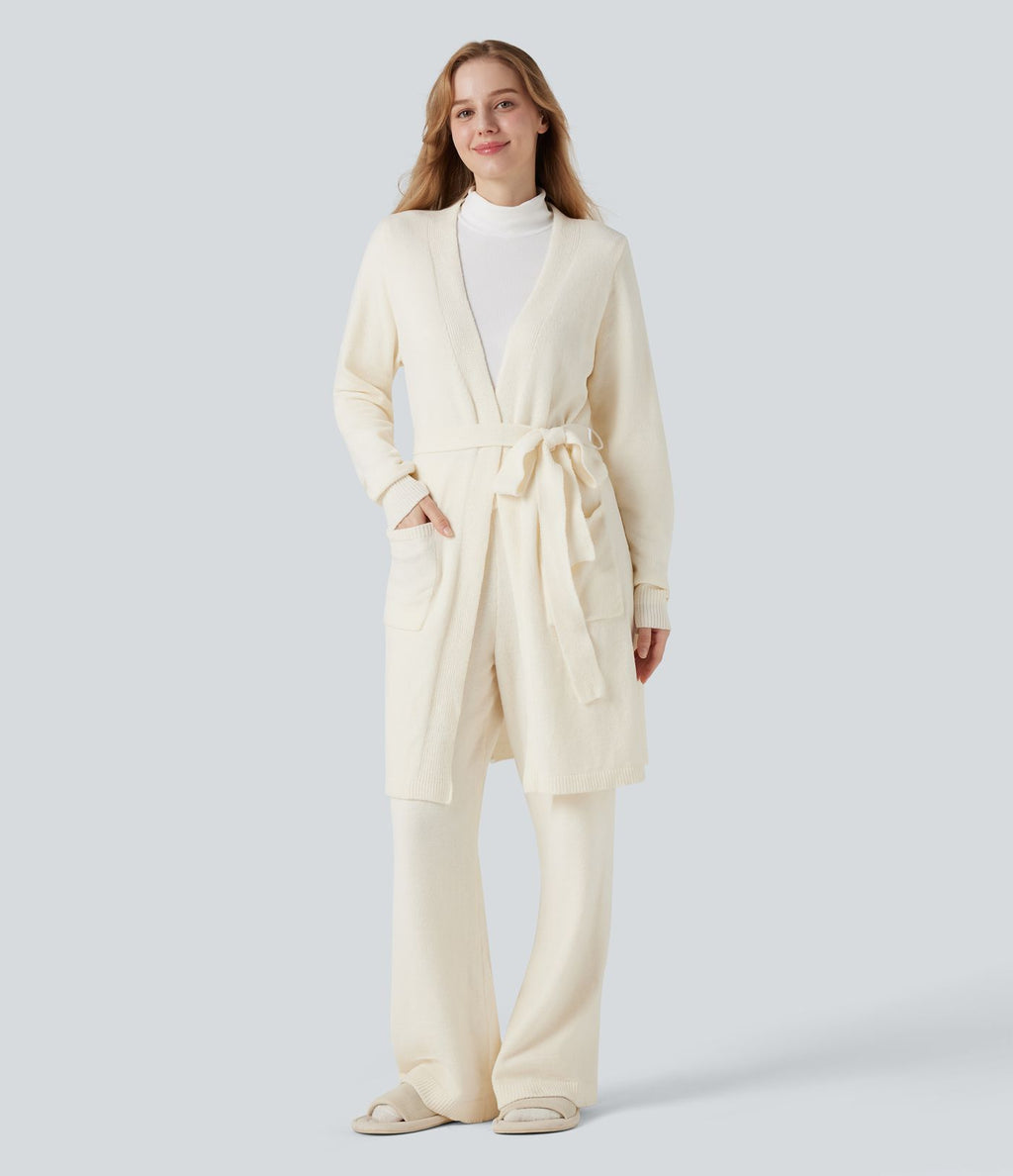 Robe d'intérieur longue tricot ouverte ceinturée manches longues avec poches