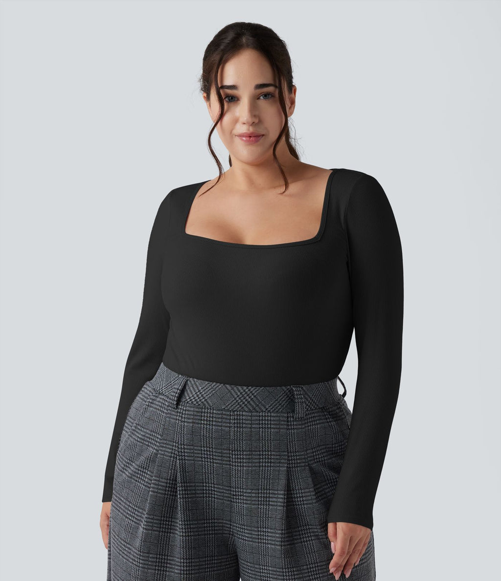 Body grande taille maille côtelée col carré manches longues ajusté