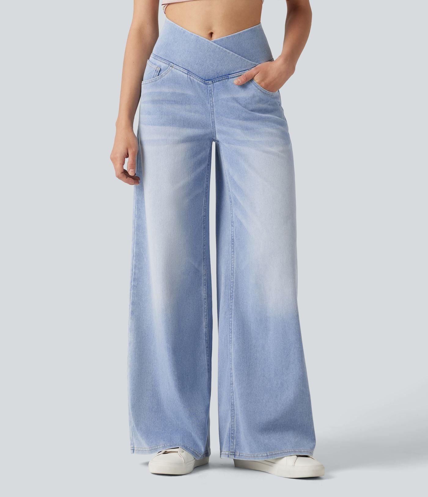 Halara Flex™ Jean large casual taille haute croisée ventre plat, avec poches