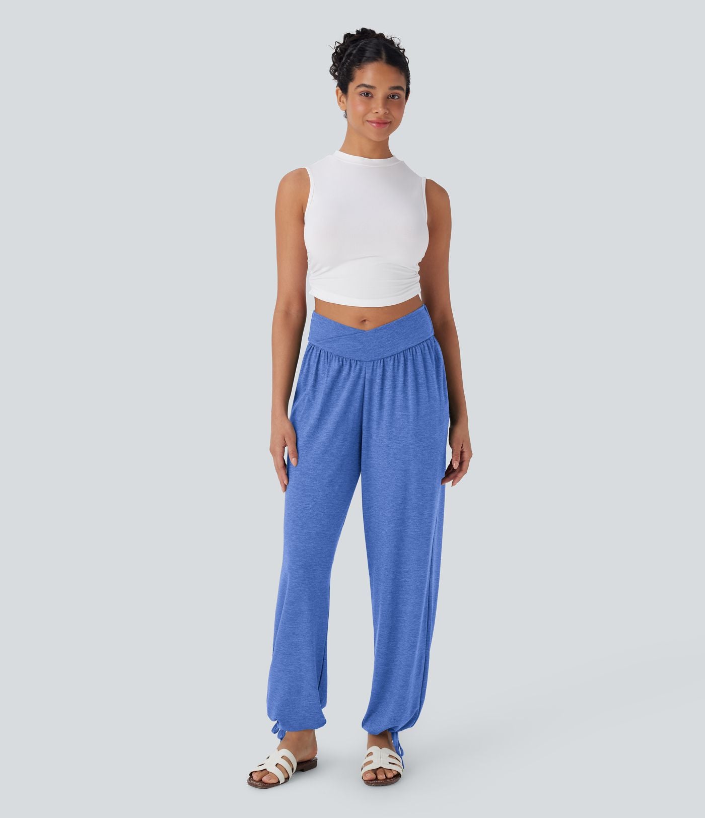 Pantalon de jogging décontracté à taille haute croisée avec poches latérales et cordon de serrage