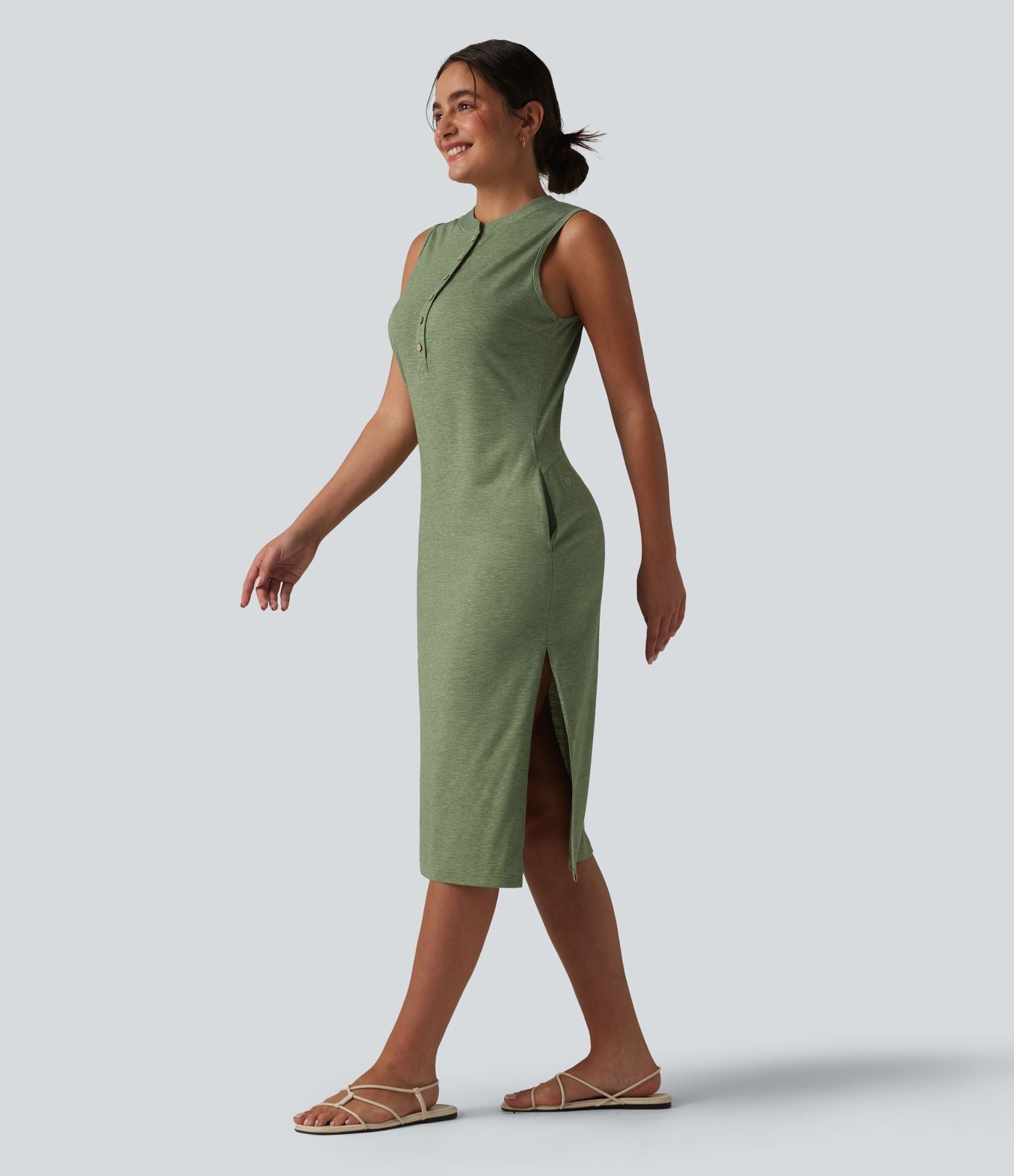 Robe midi décontractée sans manches col tunisien avec poches