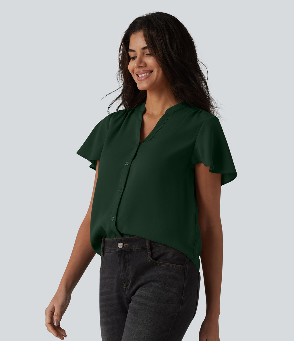 Blouse casual col V à manches volantées et ourlet arrondi