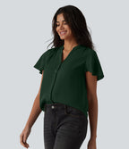 Blouse casual col V à manches volantées et ourlet arrondi