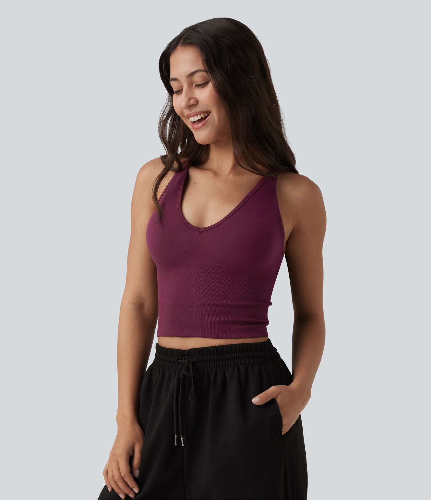 OneForm Seamless Flow Débardeur de yoga crop dos nu croisé décolleté en V profond avec soutien-gorge intégré