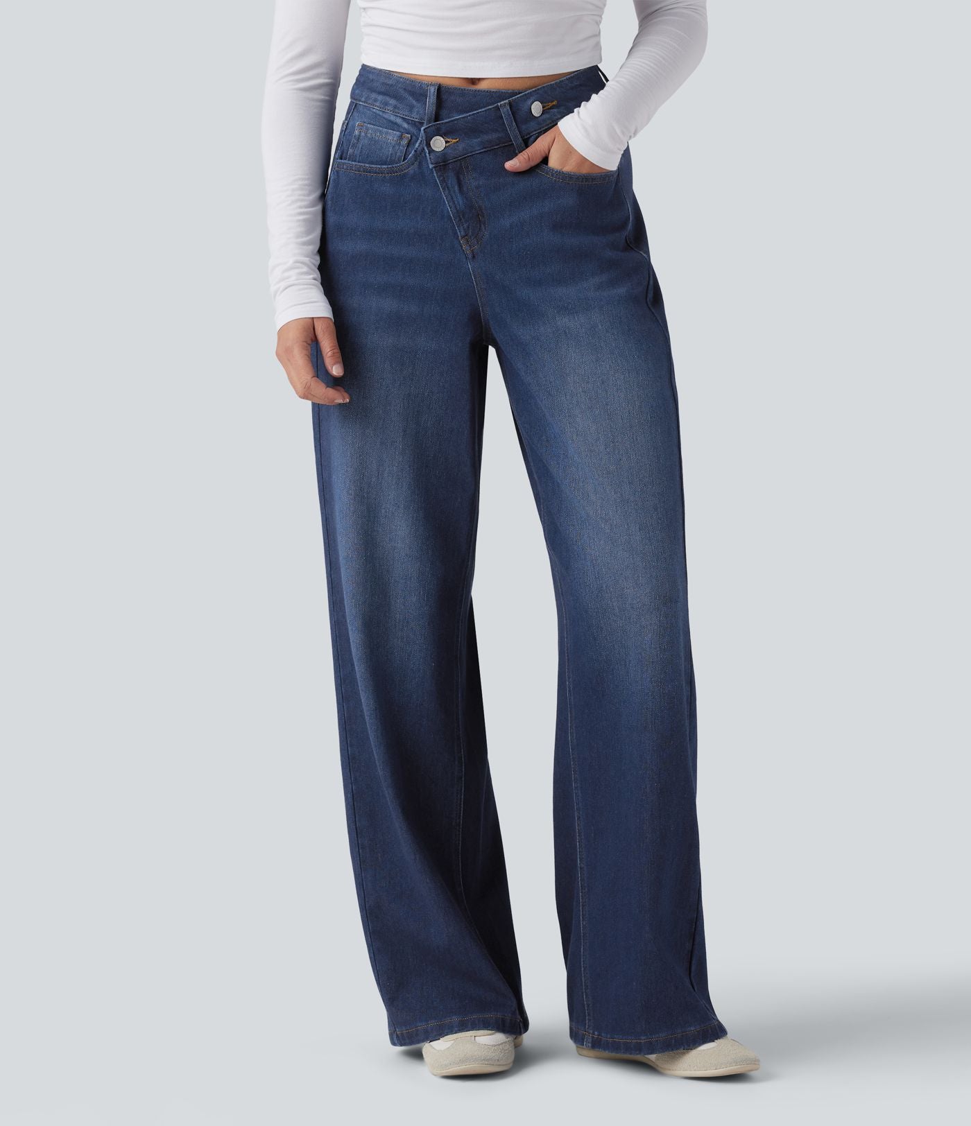 Jean baggy asymétrique Halara Flex™ taille haute effet délavé avec poches