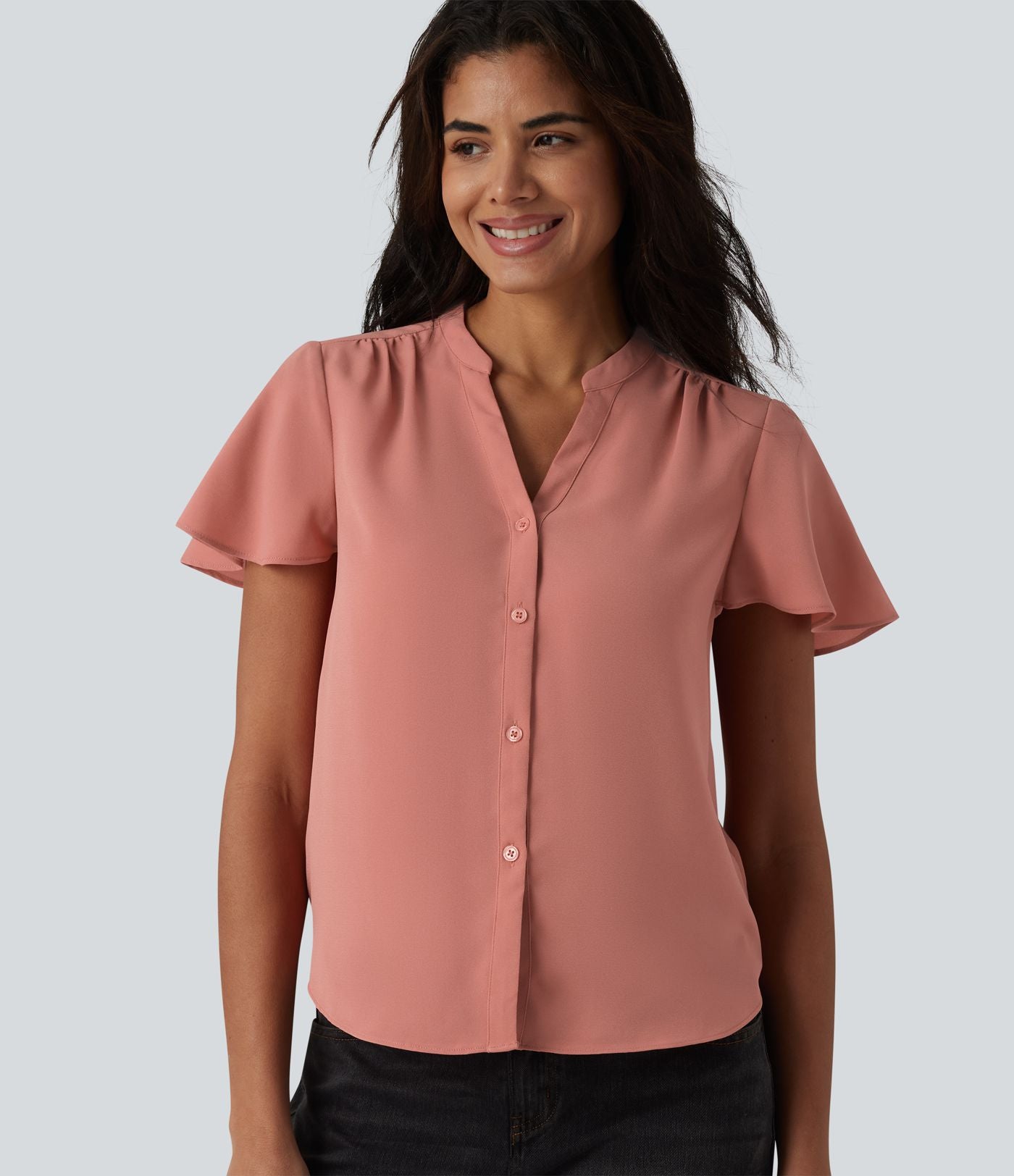 Blouse casual col V à manches volantées et ourlet arrondi