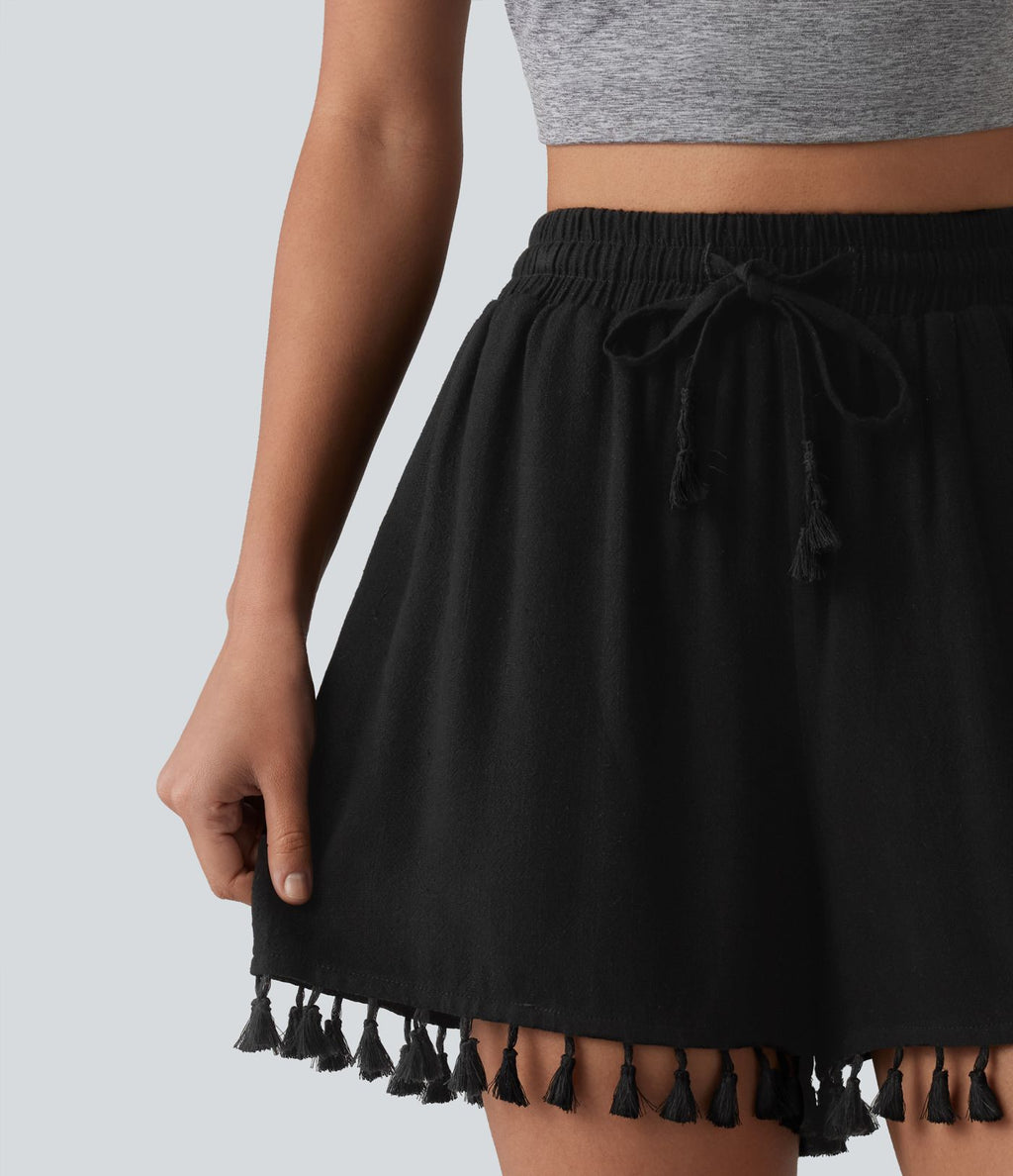 Short ample de vacances en mélange de lin taille haute avec cordon de serrage et ourlet à franges à poches
