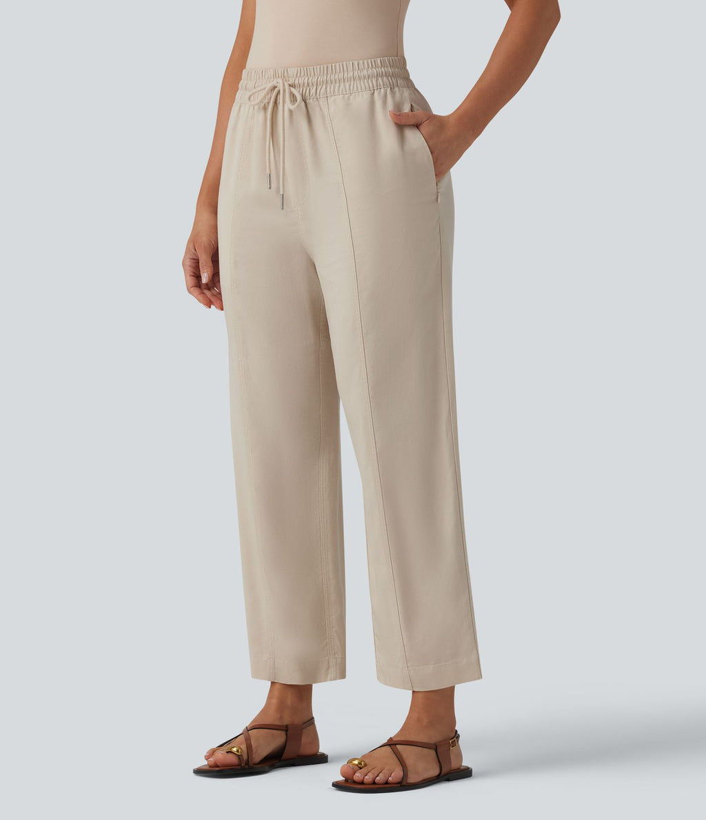 Pantalon casual fuselé en lin drapé taille haute avec cordon de serrage et poches