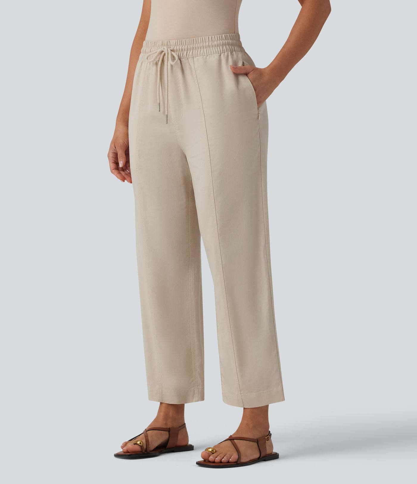 Pantalon casual fuselé en lin drapé taille haute avec cordon de serrage et poches